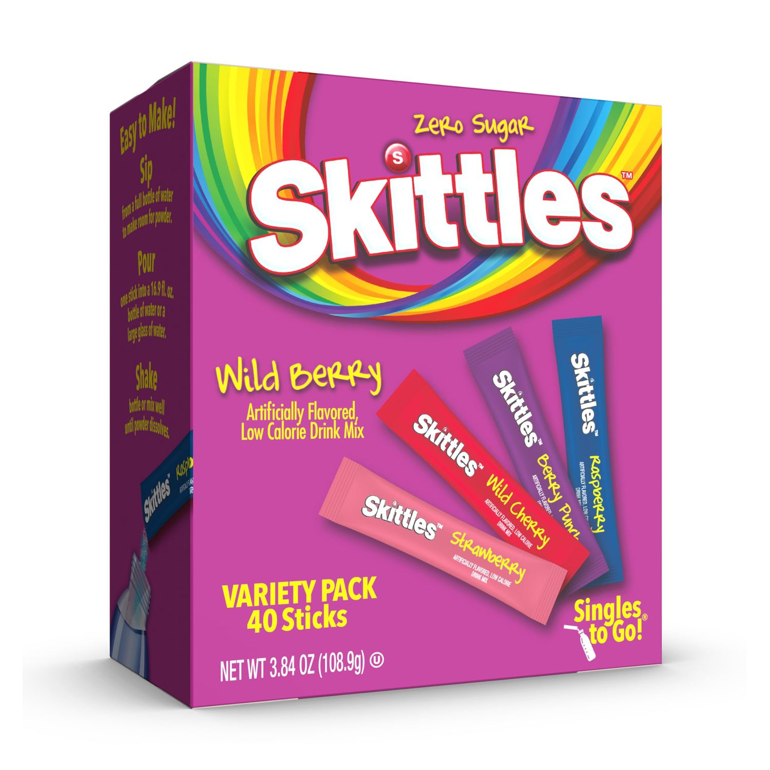 Skittles Singles To Go Wild Berry Variety Pack, Watertok Powdered Drink Mix, Zero Sugar, Low Calorie, Includes 4 Wild Berry Flavors, 1 Box (40 Single Servings)