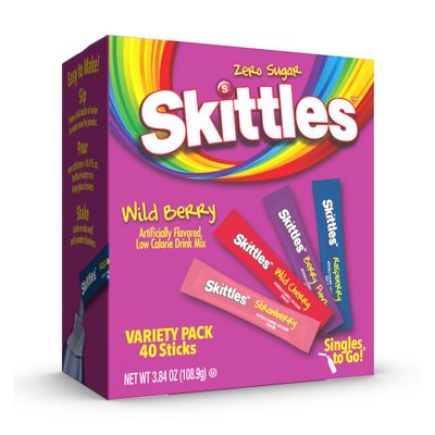 Skittles Singles To Go Wild Berry Variety Pack, Watertok Powdered Drink Mix, Zero Sugar, Low Calorie, Includes 4 Wild Berry Flavors, 1 Box (40 Single Servings)