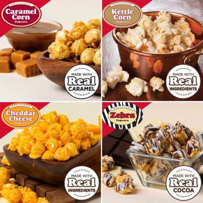 Popcornopolis Gourmet Popcorn Snacks, 12 Cone Variety Snack Packs (Gift Cone), Zebra Popcorn, Cheddar Cheese Popcorn, Caramel Popcorn & Kettle Corn Popcorn