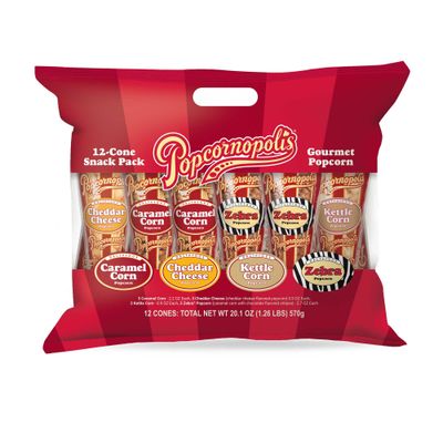 Popcornopolis Gourmet Popcorn Snacks, 12 Cone Variety Snack Packs (Gift Cone), Zebra Popcorn, Cheddar Cheese Popcorn, Caramel Popcorn &amp; Kettle Corn Popcorn