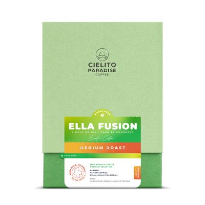 Ella Fusion, Anaerobic Medium Roast Specialty Coffee with Natural Fermentation Process from Cielito Paradise, featuring notes of caramel, exotic spices, grapefruit, and tamarind, 12oz