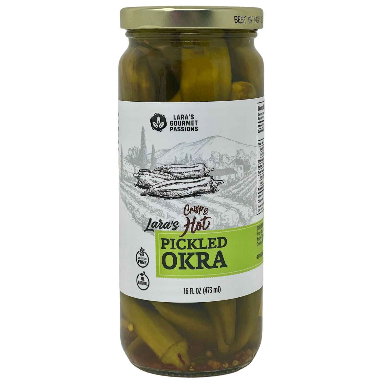 Lara&#39;s Crisp and Hot Pickled Okra - (Pack of 1, 16 fl oz) - Zesty Southern Style Spicy Okra, Ideal for Charcuterie Boards, Gourmet Snacks, and Cocktails - Gluten-Free, All-Natural, Vegan-Friendly