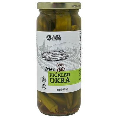 Lara&#39;s Crisp and Hot Pickled Okra - (Pack of 1, 16 fl oz) - Zesty Southern Style Spicy Okra, Ideal for Charcuterie Boards, Gourmet Snacks, and Cocktails - Gluten-Free, All-Natural, Vegan-Friendly