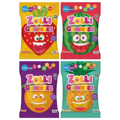 Zolli Gummies Variety - Delicious Zero Sugar, Allergy-Free, KETO, Vegan Clean Teeth Candy - 4 Packs of 1.94oz Each for a Convenient and Flavorful Snacking Experience