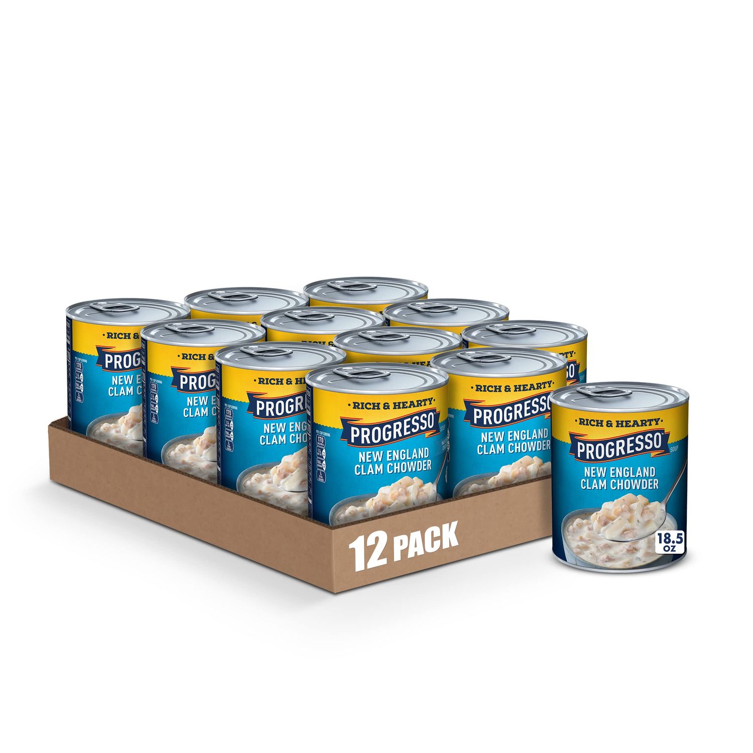 Progresso New England Clam Chowder Soup, Rich &amp; Hearty Canned Soup, Gluten Free, 18.5 oz (Pack of 12)