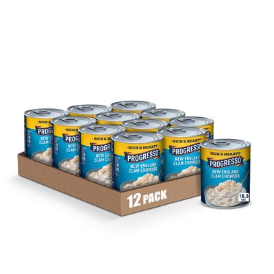 Progresso New England Clam Chowder Soup, Rich &amp; Hearty Canned Soup, Gluten Free, 18.5 oz (Pack of 12)