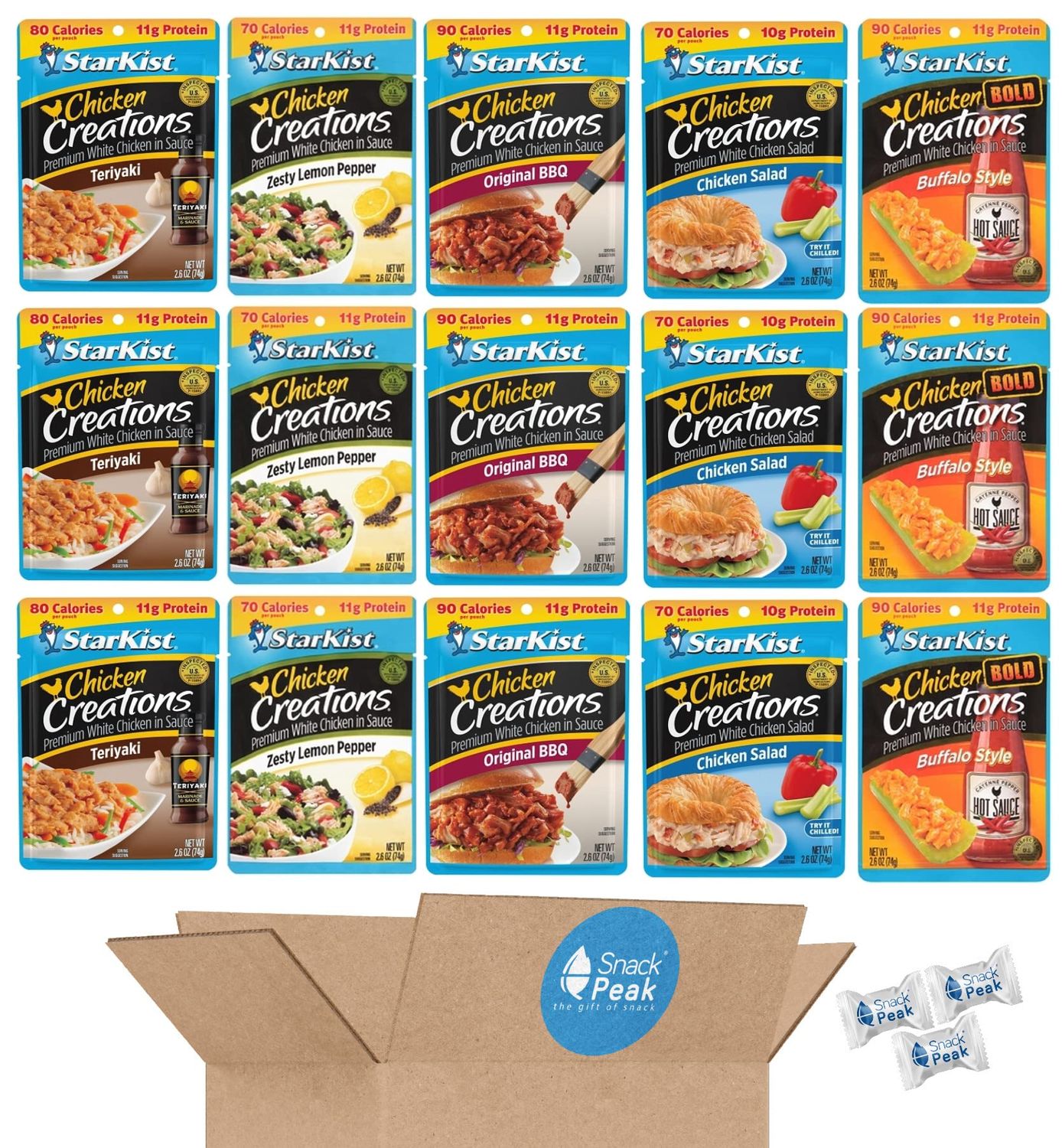 Starkist Chicken Creations Snack Peak Variety Gift Box - Buffalo, Teriyaki, Lemon Pepper, Chicken Salad and BBQ