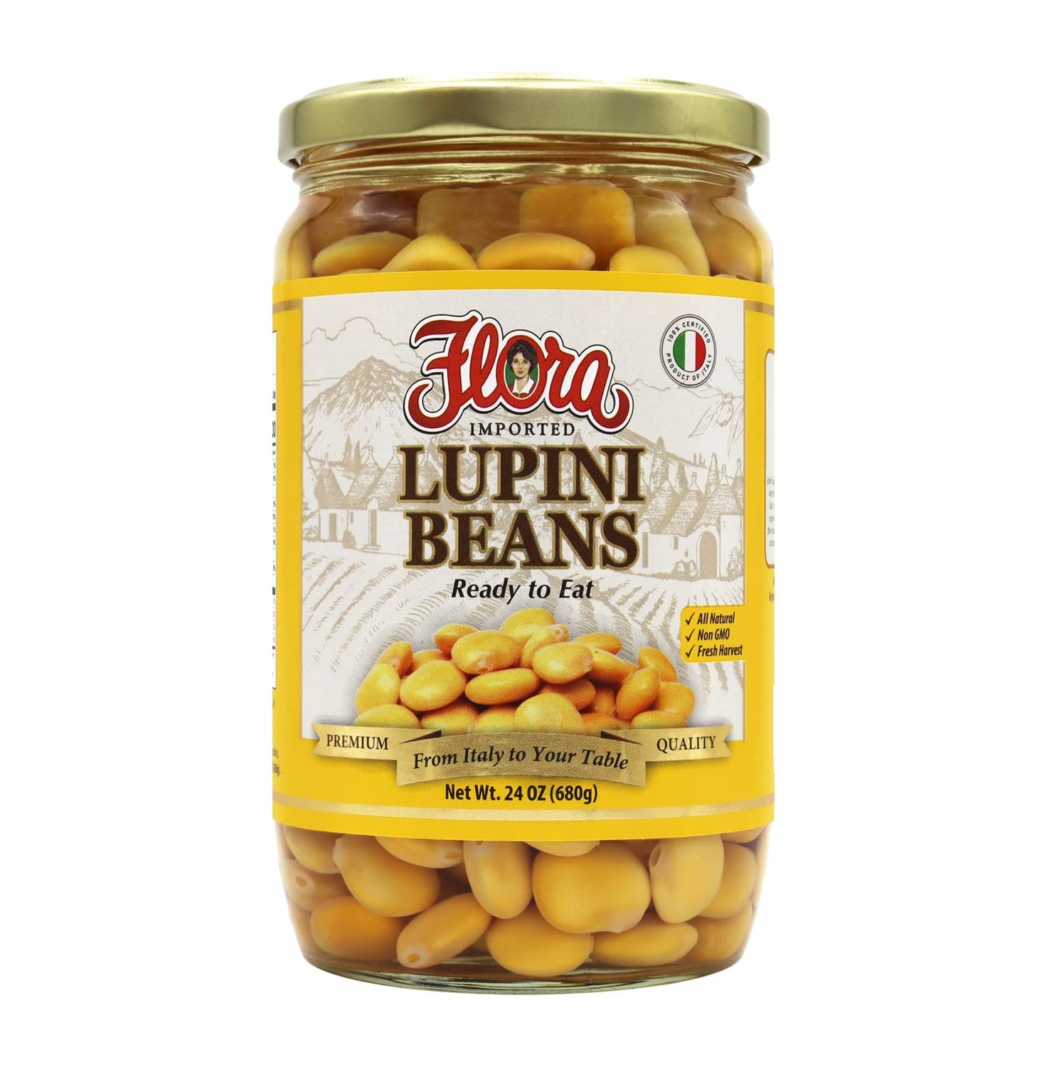 Flora Foods Lupini Beans | Ready to Eat Healthy Snack | 24 oz. Jar (680g) | Imported 100% Italian | All Natural | Non GMO | Fresh Harvest | From Italy to Your Table