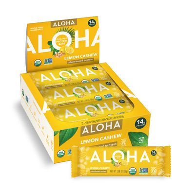 ALOHA Organic Plant Based Protein Bars - Lemon Cashew - 12-Count - Vegan, Low Sugar, Gluten-Free, Paleo, Low Carb, Non-GMO, No Stevia &amp; No Erythritol