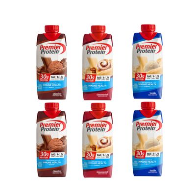 Protein Shake Variety 6 Pack - 2 each of 3 Flavors which include Chocolate, Cinnamon Roll, and Vanilla packaged in a box for customer convenience and customer satisfaction