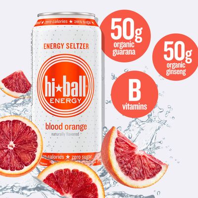 Hiball Energy Seltzer Water, Caffeinated Sparkling Water Made with Vitamin B12 and Vitamin B6, Sugar Free of 16 Fl Oz(Pack of 8), Blood Orange