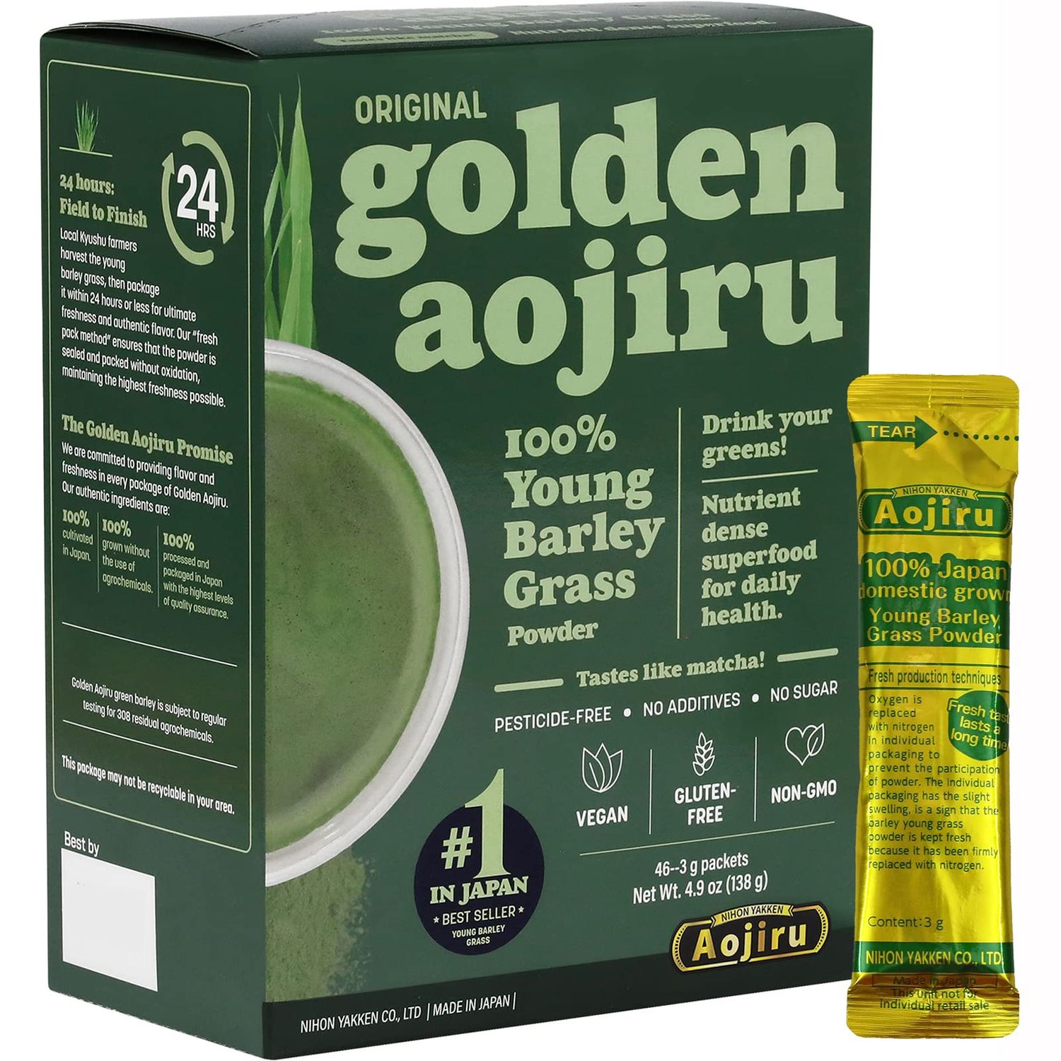 nihon-yakken The Golden Aojiru - Young Barley Green Grass Juice Powder with Rich Dietary Fiber, No Addtives 100% Japanese Grown - Ready-to-Use 0.1 oz. (3g) Individual Packet  46pcs