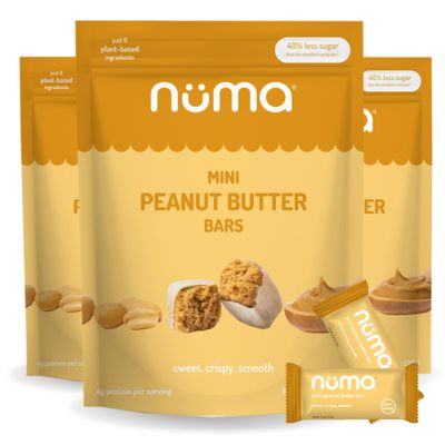 Numa Foods Mini Peanut Butter Bars - Vegan, Low Sugar, High Protein, All Natural, Gluten Free - Crunchy Plant Based Peanut Butter Snacks - 3 Bags with 8 Individually Wrapped Peanut Butter Bites