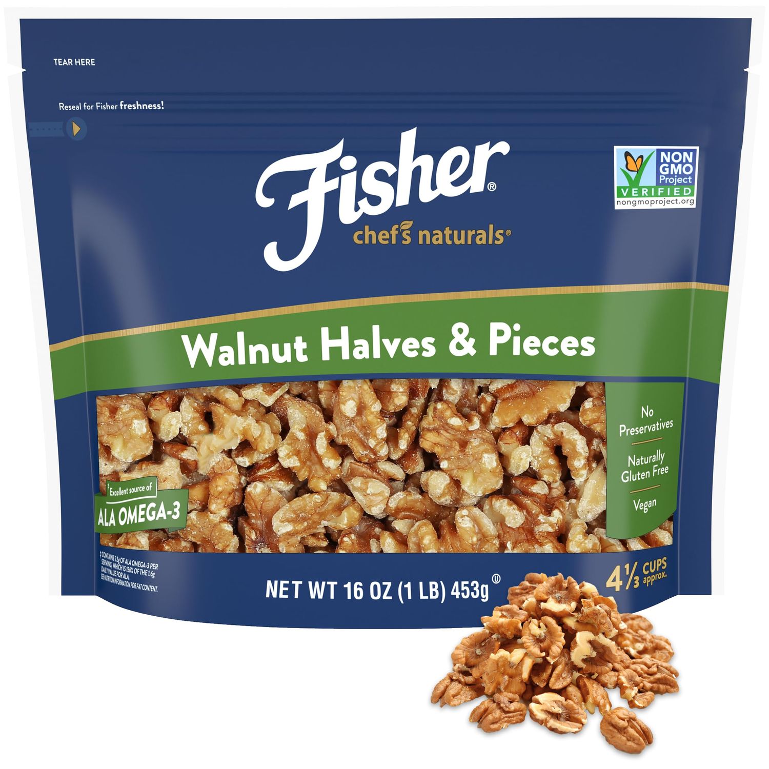 Fisher Chef&#39;s Naturals Walnut &amp; Pieces, Naturally Gluten Free, No Preservatives, Non-GMO, Halves, 16 Oz