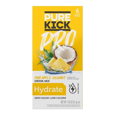 Pure Kick Pro Pineapple Coconut Powdered Drink Mix - Pack of 2 - Zero Calorie - Low Sugar - Hydrate - 2 Times the Electrolytes - 100% of DV for Vitamins A,C, and E