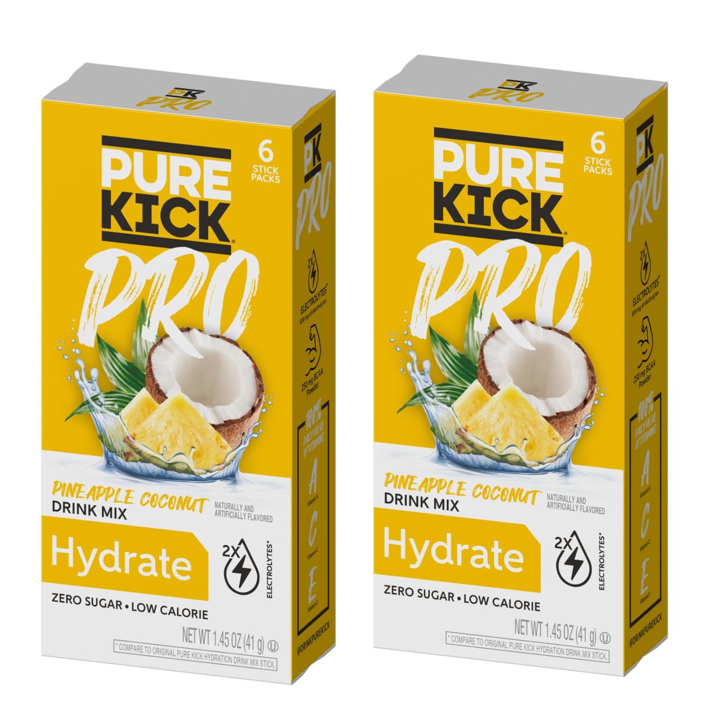 Pure Kick Pro Pineapple Coconut Powdered Drink Mix - Pack of 2 - Zero Calorie - Low Sugar - Hydrate - 2 Times the Electrolytes - 100% of DV for Vitamins A,C, and E