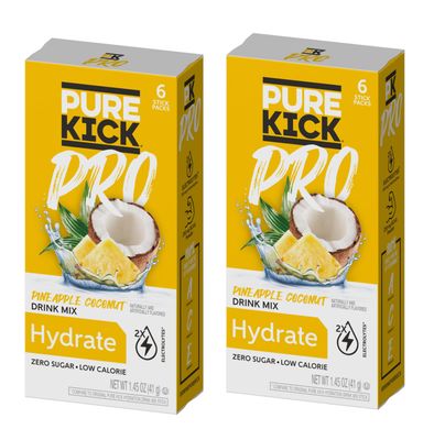 Pure Kick Pro Pineapple Coconut Powdered Drink Mix - Pack of 2 - Zero Calorie - Low Sugar - Hydrate - 2 Times the Electrolytes - 100% of DV for Vitamins A,C, and E