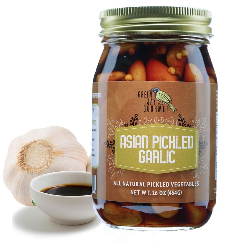 Green Jay Gourmet Pickled Garlic Cloves in a Jar - Asian Pickled Garlic - Fresh Garlic Bulbs for Cooking - Natural Ingredients - Freshly Made - Subtly Infused, Pre-Prepared Garlic - 16 Ounce Jar