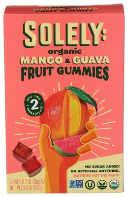 SOLELY - Organic Mango &amp; Guava Whole Fruit Gummies (1 Box, 5 Single Serving Bags per Box) - Real Fresh Fruit - Healthy Snacks for Adults &amp; Kids - Non GMO, Vegan Snacks, Shelf Stable - 5 Bags (3.5 oz)