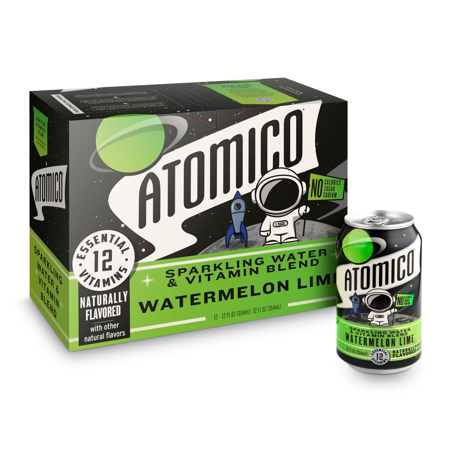 ATOMICO Sparkling Water. 12 Essential Vitamins from our proprietary organic blend. Naturally flavored. Watermelon Lime. Zero sugar, calories, artificial sweeteners