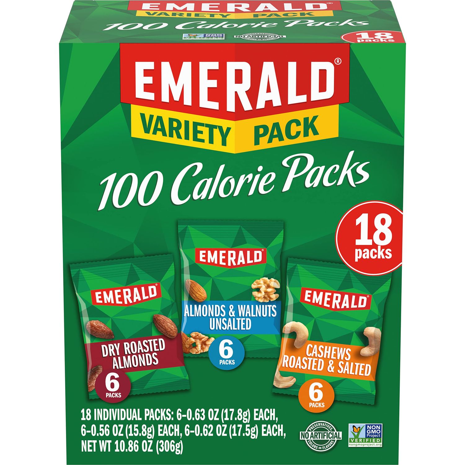 Emerald Nuts Mixed Nuts Variety Pack 18ct (1-Pack) , 100-Calorie Individual Packs , Features Dry Roasted Almonds, Natural Almonds &amp; Walnuts, and Roasted &amp; Salted Cashews