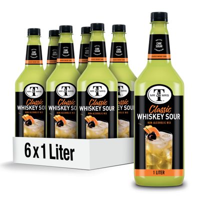 Mr &amp; Mrs T Whiskey Sour Mix, 1 L bottle (Pack of 6), Tart and Sweet Blend Flavored Cocktail Mixer, Made with Cane Sugar, Perfect for Traditional Whiskey Sour and Mocktail Drinks