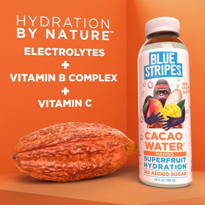 Blue Stripes Cacao Water (Mango) - All-Natural, No Sugar Added, Superfruit Hydration - Electrolytes &amp; Antioxidants | Vitamin C &amp; B | No Artificial Ingredients | (12 Pack)