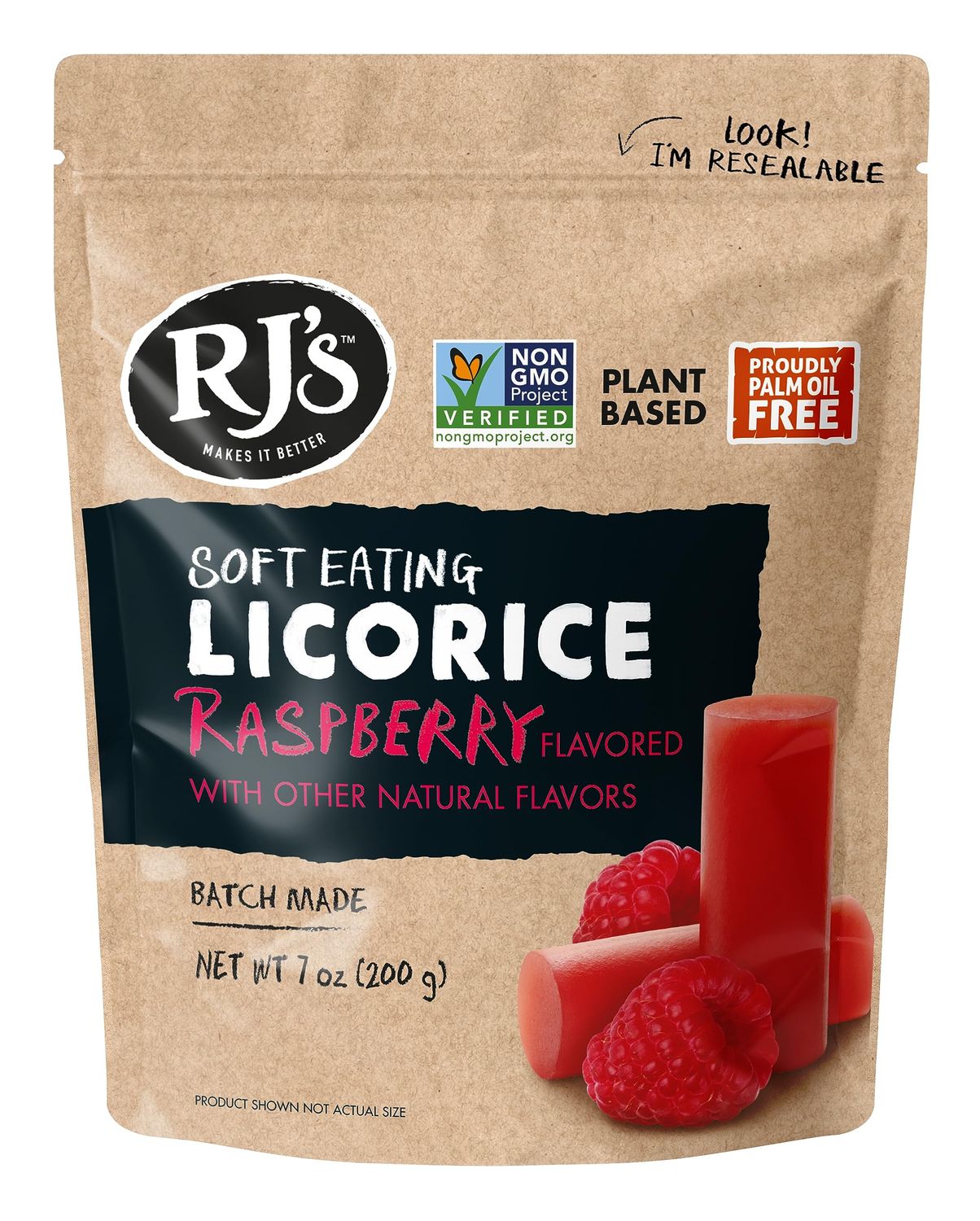 RJ&#39;s Soft Australian Licorice, Natural Raspberry Flavor, Resealable Bag, 7 Ounce (1-Pack) | Non-GMO, No Palm Oil, Plant Based | Soft &amp; Chewy Licorice Candy, Made in Australia