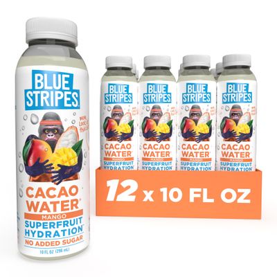 Blue Stripes Cacao Water (Mango) - All-Natural, No Sugar Added, Superfruit Hydration - Electrolytes &amp; Antioxidants | Vitamin C &amp; B | No Artificial Ingredients | (12 Pack)