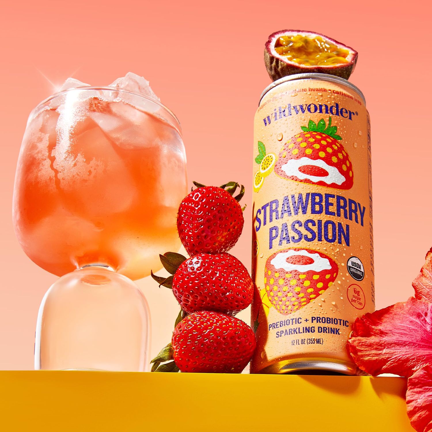 wildwonder Sparkling Probiotic Juice Drink w/Gut Health Immunity, Digestion Support, 5g Fiber, Live Probiotics, Caffeine Free, Organic, Low Sugar, 12pk 12oz, Strawberry Passion, As Seen on Shark Tank