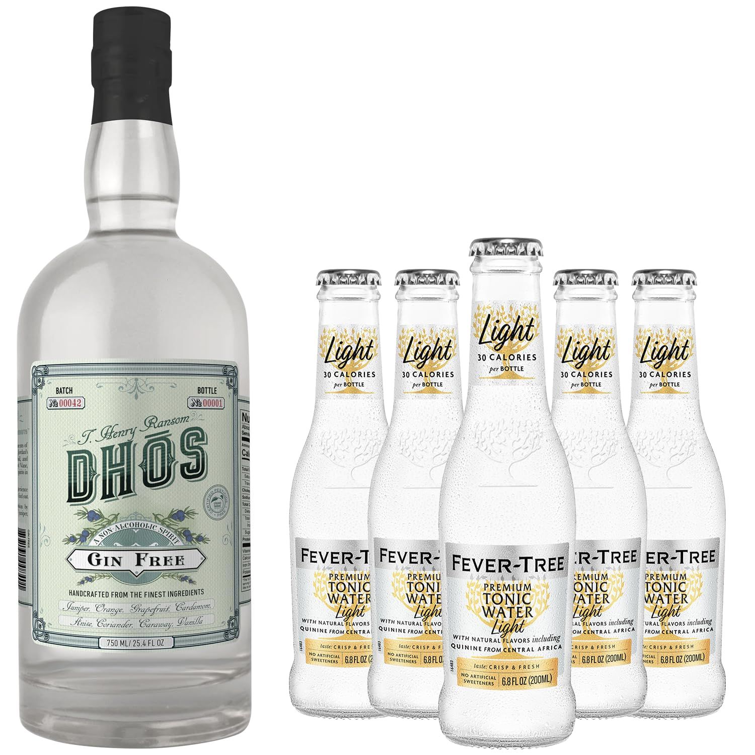 Dhos Handcrafted Non-Alcoholic Gin w 5 Pack Fever Tree Light Premium Tonic Water - Keto-Friendly, Zero Sugar, Zero Calories, Zero Proof - 750 ML - Perfect for Mocktails - Made in USA
