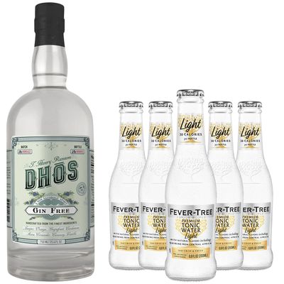 Dhos Handcrafted Non-Alcoholic Gin w 5 Pack Fever Tree Light Premium Tonic Water - Keto-Friendly, Zero Sugar, Zero Calories, Zero Proof - 750 ML - Perfect for Mocktails - Made in USA