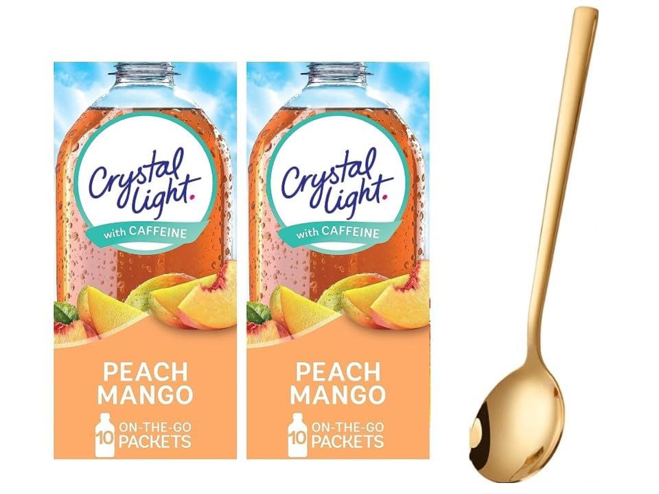 Crystal Light On The Go Drink Mix - Two (2) Pack of 10pck - Sugar-Free, Low-Calorie Refreshment with one Sukkar Pasha Long Golden SS Stirring Spoon (Peach Mango)