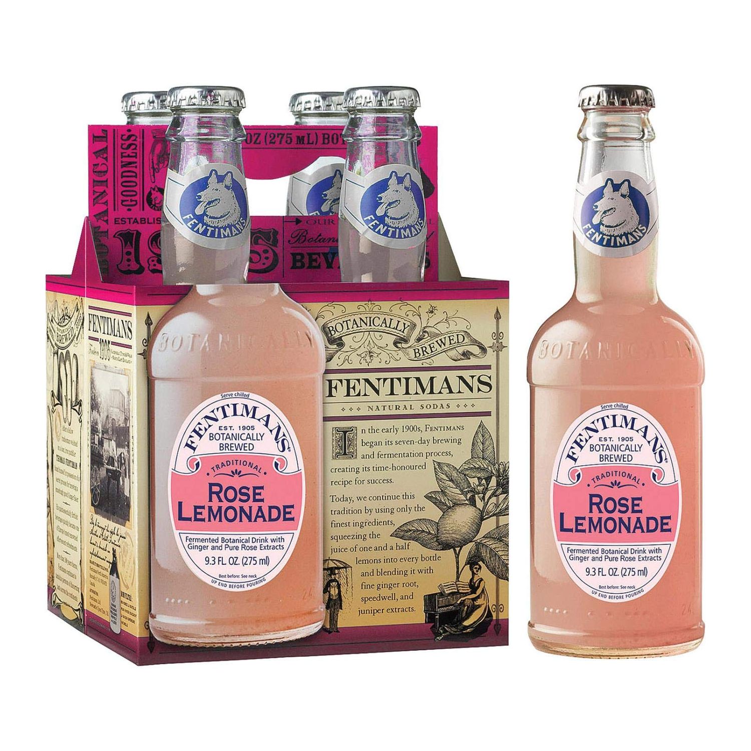 Fentimans Sparkling Rose Lemonade - Sparkling Pink Lemonade with Natural Ingredients &amp; Pure Rose Extract, Mixer, Craft Soda, Botanically Brewed Lemonade - 9.3 Fl Oz (Case 6x4)