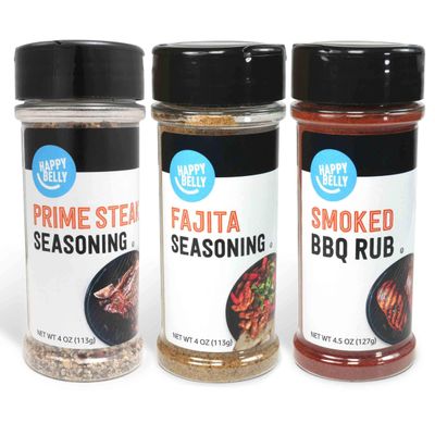 Amazon Brand - Happy Belly Grilling Spices Set, Prime Steak, Smoked BBQ and Fajita Seasoning, 3 Piece Assortment