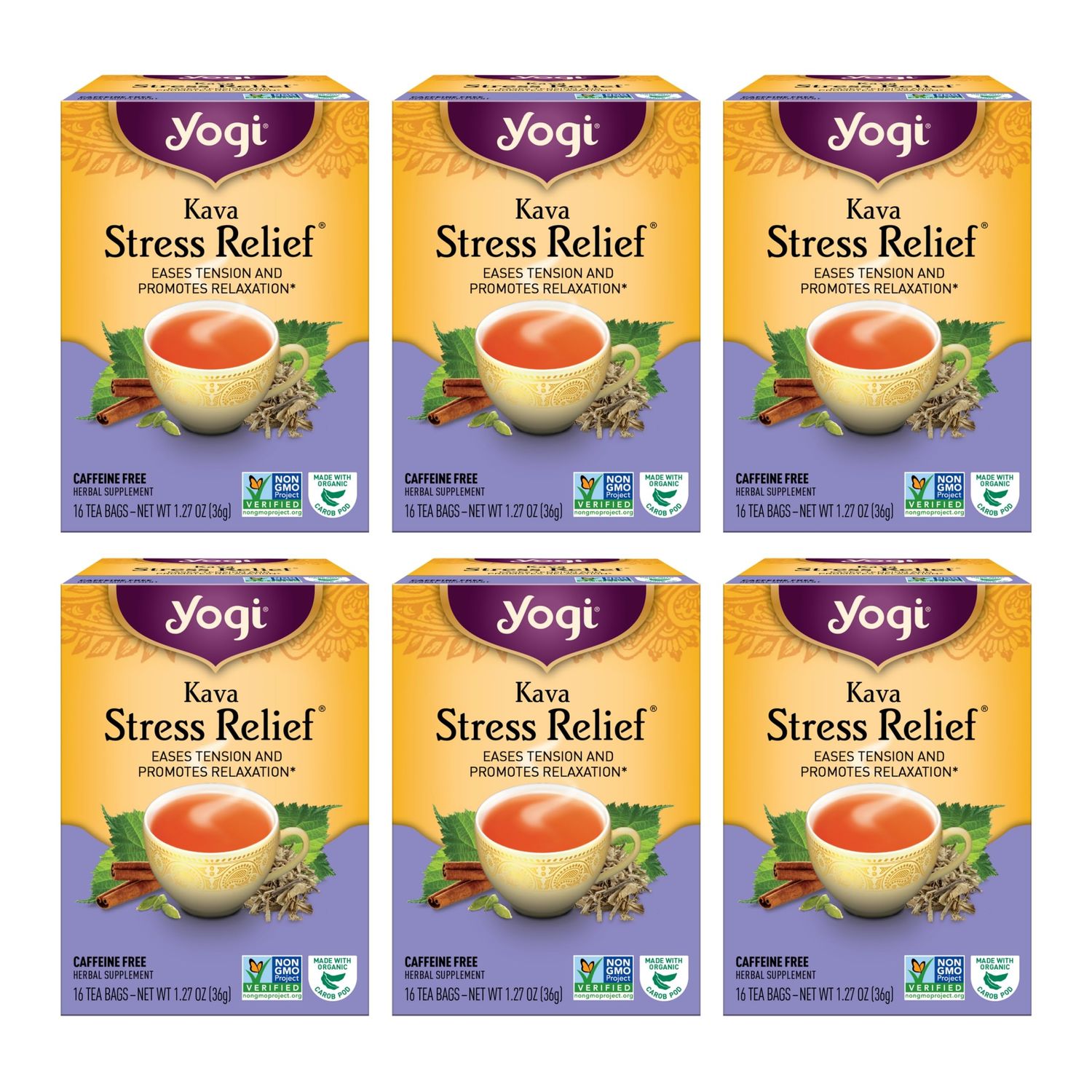 Yogi Tea - Kava Stress Relief (6 Pack) - Eases Tension and Promotes Relaxation - Caffeine Free - 96 Herbal Tea Bags