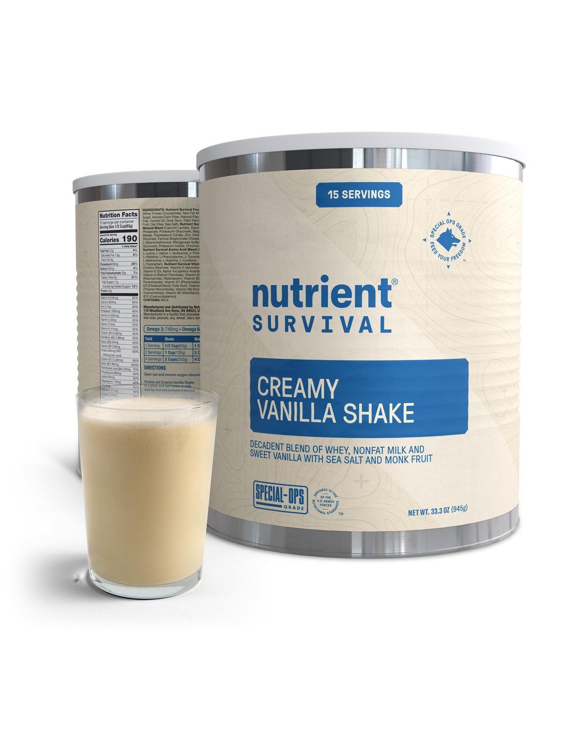 Nutrient Survival Protein Shake, Creamy Vanilla, Whey Protein Powder, Freeze Dried Prepper Supplies &amp; Emergency Food, 40 Nutrients, Gluten Free, Shelf Stable Up to 25 Years, One Can,15 Servings