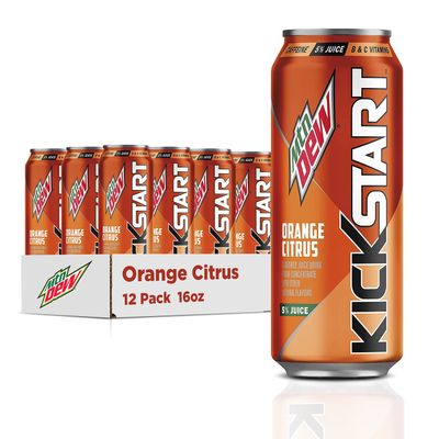 Mountain Dew Kickstart, Orange Citrus, 92mg Caffeine, Vitamins B &amp; C, 80 Calories, 5% Juice, 16 Fl Oz (Pack of 12)