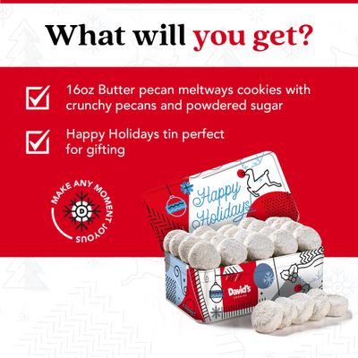 Davids Cookies Winter Wonderland Butter Pecan Meltaway Cookies Tin - Delicious Butter Cookies with Crunchy Pecans - Soft & Melt In Your Mouth Flavorful Cookies, Gourmet Holiday Food Gift Basket 16oz