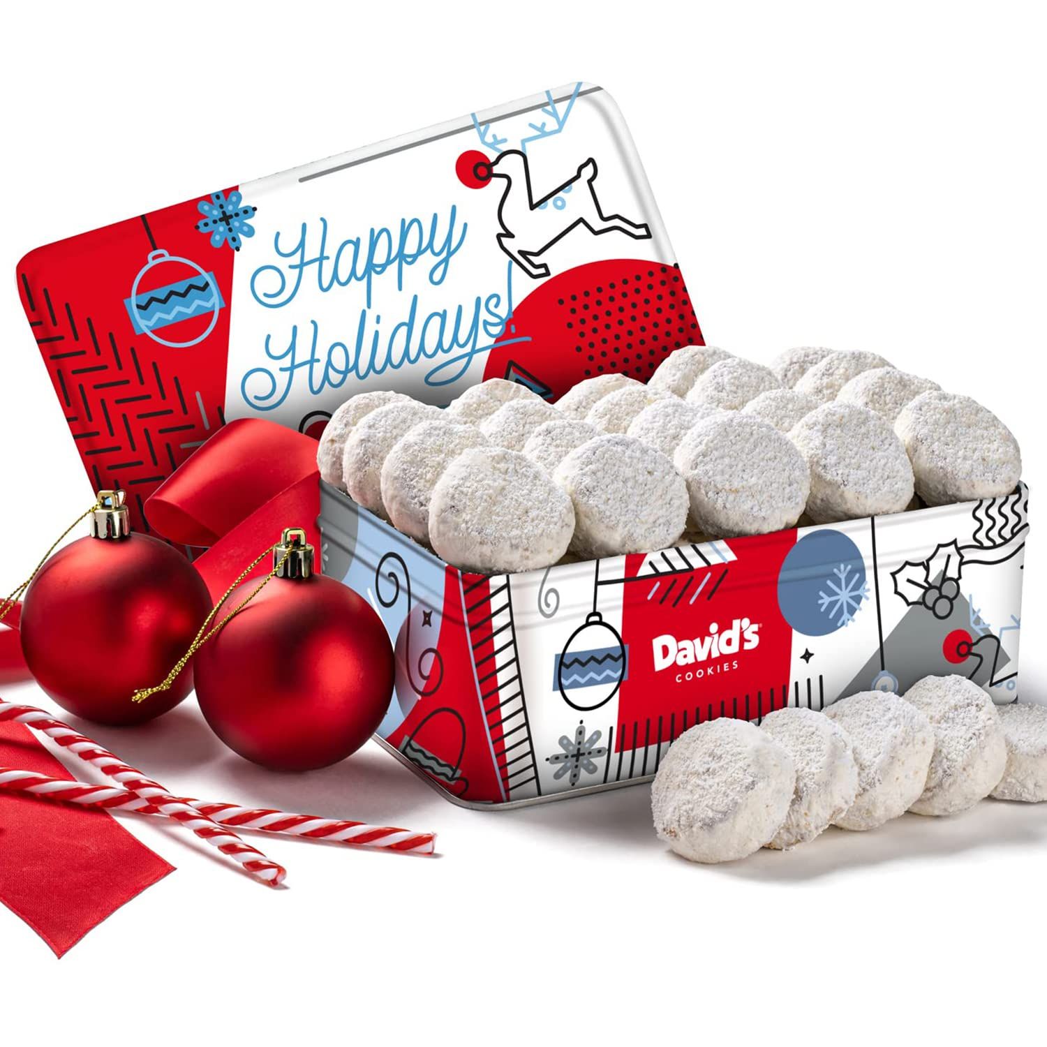 Davids Cookies Winter Wonderland Butter Pecan Meltaway Cookies Tin - Delicious Butter Cookies with Crunchy Pecans - Soft &amp; Melt In Your Mouth Flavorful Cookies, Gourmet Holiday Food Gift Basket 16oz