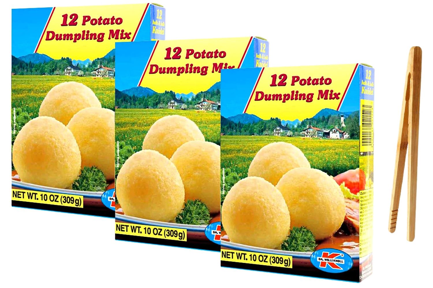 Dr. Willi Knoll 12 Halb And Halb Knoedel German Dumpling Mix, 10 ounce (Pack of 3) with Bamboo Serving Tong- Easy to Prepare and Delicious Potato Dumpling Mix