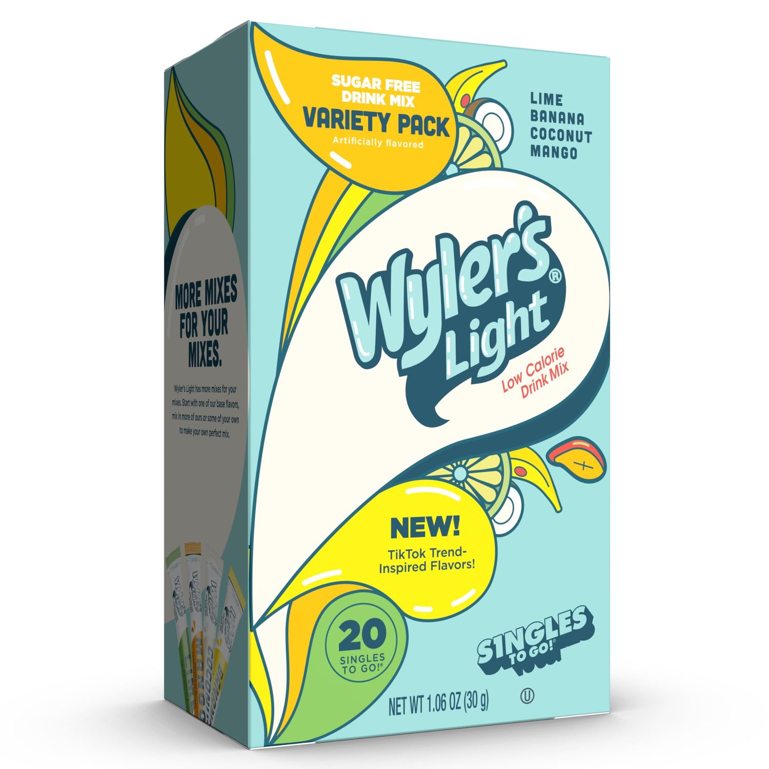 Wyler&#39;s Light Singles to Go Powder Packets, Water Drink Mix, Variety Pack, Lime, Banana, Coconut, Mango, Watertok Base Flavors, Sugar &amp; Caffeine Free, On-The-Go, 20 Count (Pack - 1)