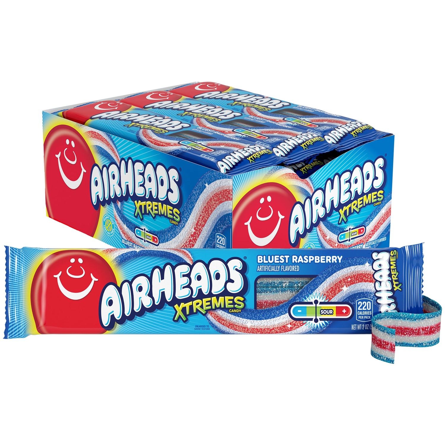 Airheads Xtremes Belts Sweetly Sour Candy, Bluest Raspberry, Holiday Christmas Stocking Stuffers for Adults &amp; Kids, Non-Melting, Movie Theater, 2 oz (Bulk Pack of 18)