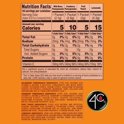 4C Powder Drink Mix Packets, PSD Variety 1 Pack, 44 Count, Singles Stix On the Go, Refreshing Sugar Free Water Flavorings (11 Each Wild Berry Pomegranate, Cranberry-Pomegranate, Fruit Punch, Lemonade)