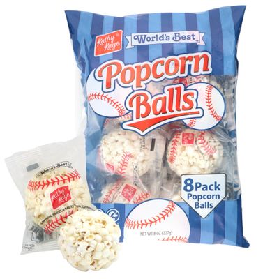 Kathy Kaye Baseball Themed Popcorn Balls, Individually Wrapped Salty Snacks, Sports Party Favor, 8 Pieces Included, 8oz