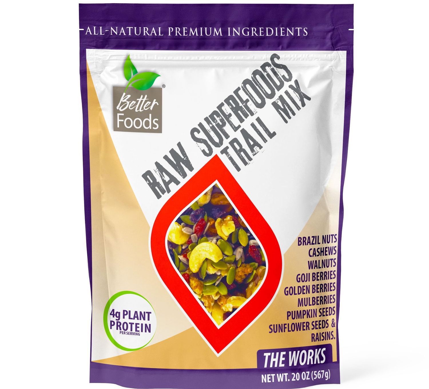 BetterFoods Raw Superfoods Trail Mix - The Works | Unsalted Trail Mix | Cashews, Mulberries, Pumpkin &amp; Sunflower Seeds, Brazil Nuts, Goji Berries, Golden Berries, Vegan, Gluten-Free, No Added Sugar