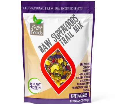 BetterFoods Raw Superfoods Trail Mix - The Works | Unsalted Trail Mix | Cashews, Mulberries, Pumpkin &amp; Sunflower Seeds, Brazil Nuts, Goji Berries, Golden Berries, Vegan, Gluten-Free, No Added Sugar