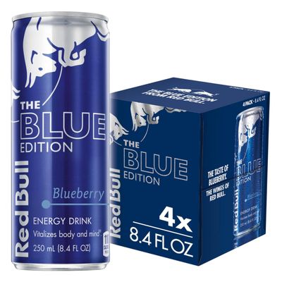 Red Bull Blue Edition Energy Drink, Blueberry, with 80mg Caffeine plus Taurine &amp; B Vitamins, 8.4 Fl Oz, Pack of 4 Cans