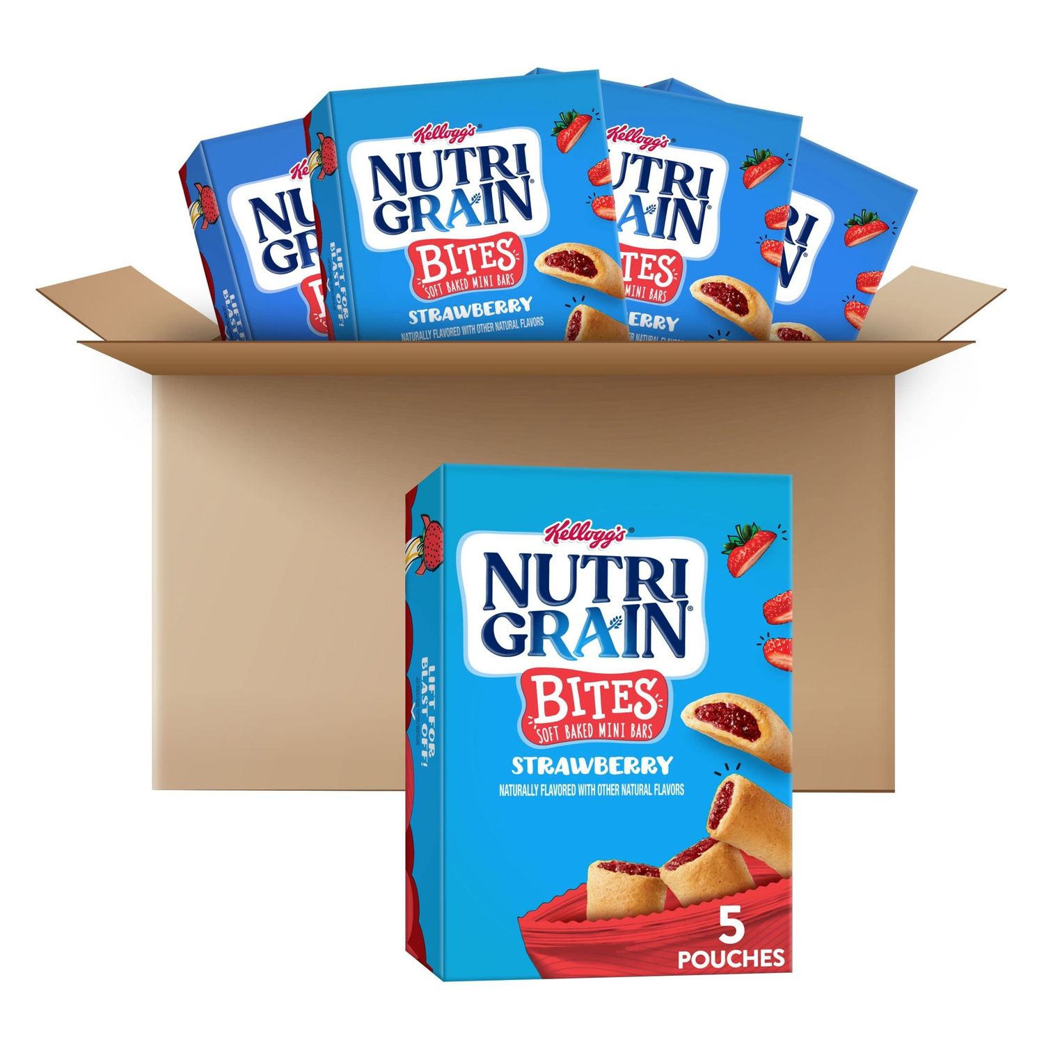 Nutri-Grain Bites Mini Breakfast Bars, Made with Whole Grains, Kids Lunch Snacks, Strawberry (5 Boxes, 25 Pouches)