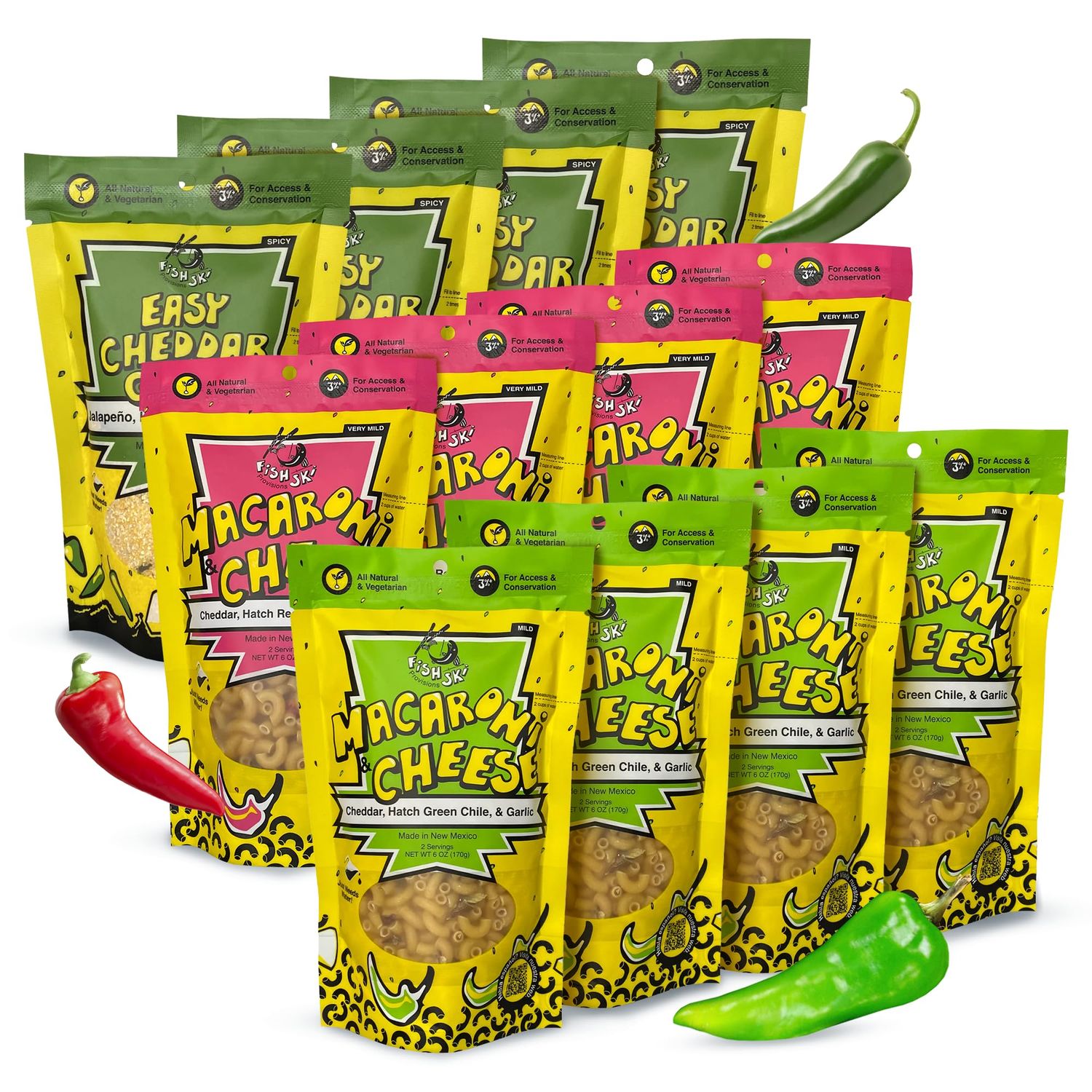 Just Add Water Hatch Chile Grits, Mac and Cheese by FishSki Provisions- Multi Recipe Pack (12 x 6oz Pack)